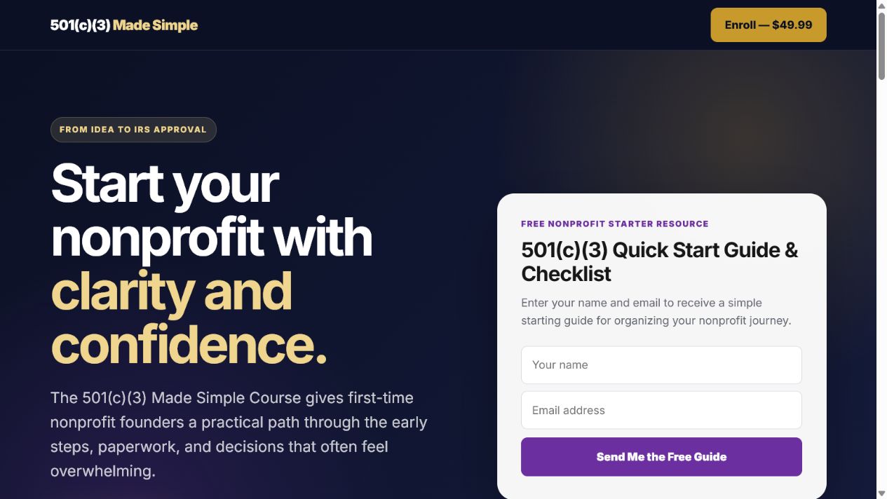 Screenshot of the 501(c)(3) Made Simple Course website
