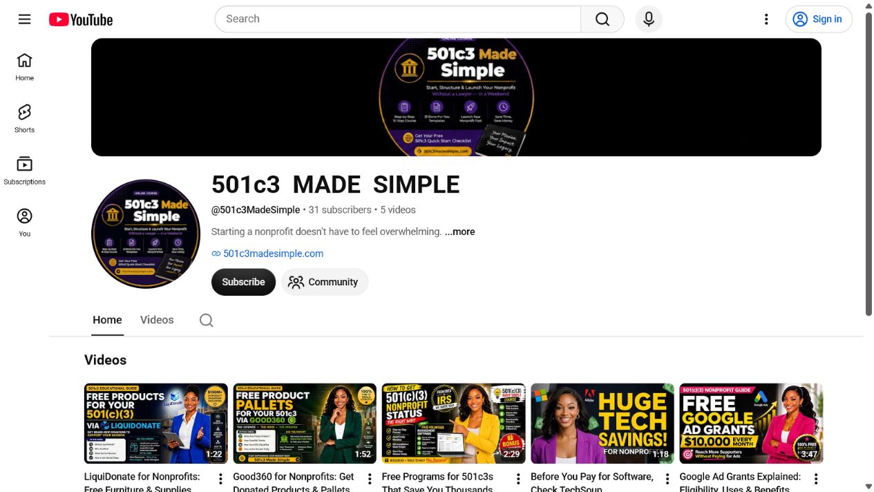 Screenshot of the 501(c)(3) Made Simple YouTube channel
