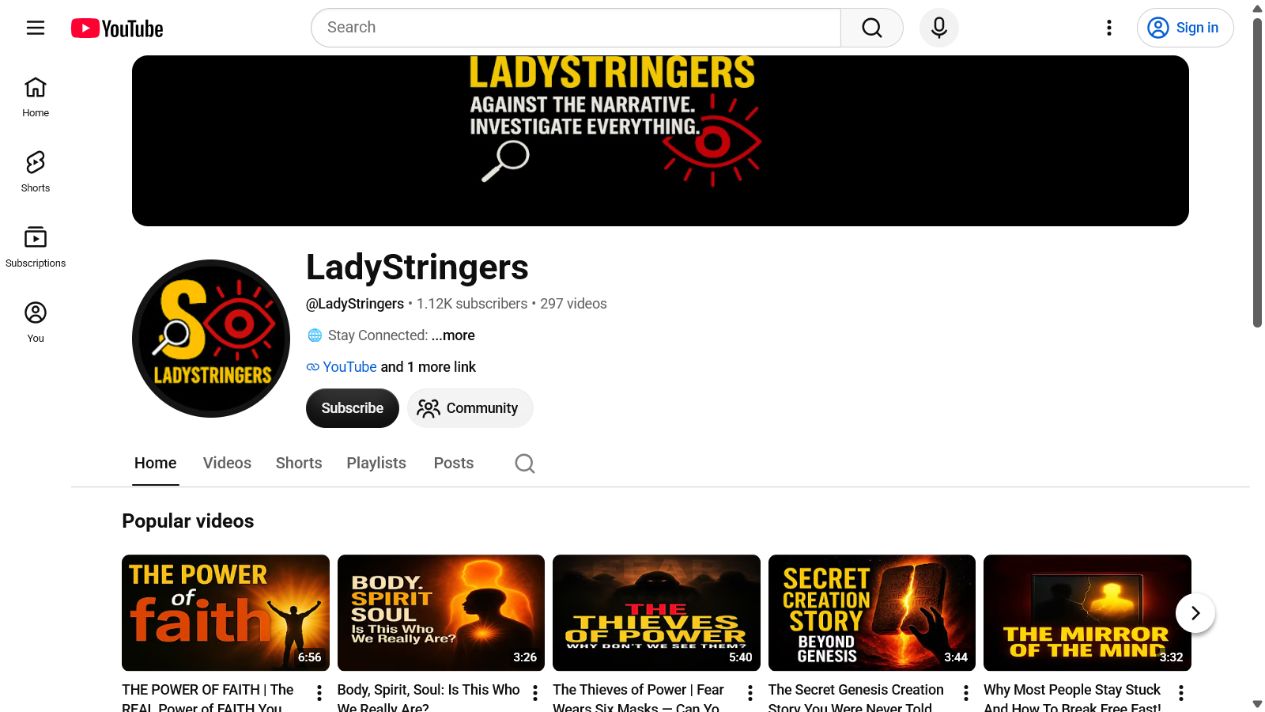 Screenshot of the LadyStringers YouTube channel