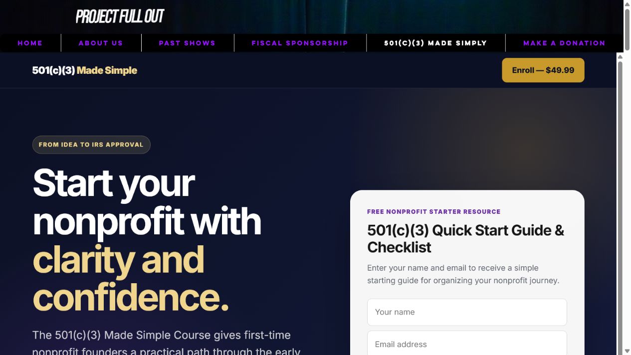Screenshot of Project: FULL OUT 501(c)(3) Made Simple Course page
